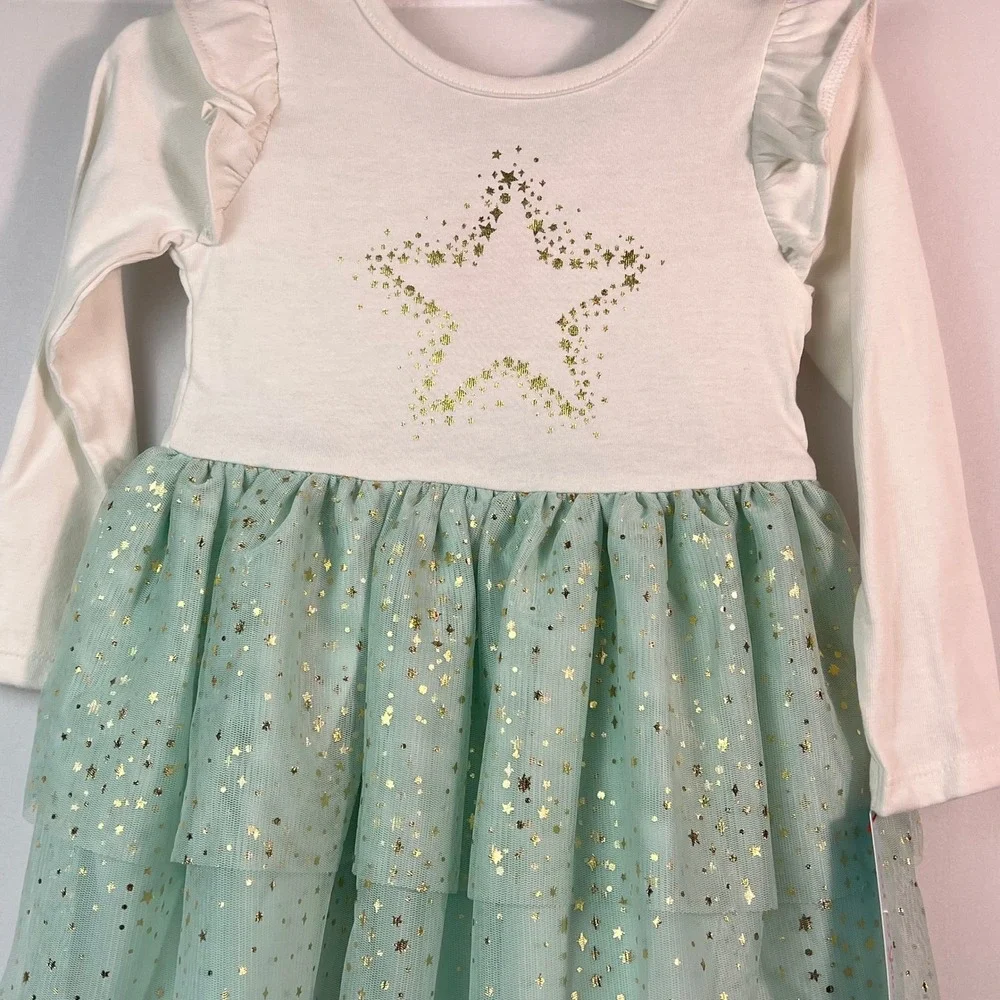Cat & Jack Girls 2T Cream Mint Green Gold Foil Star Tulle Tutu Dress NWT